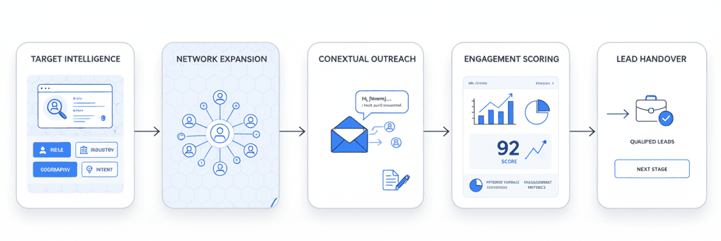 Influence workflow diagram showing Target Intelligence, Network Expansion, Contextual Outreach, Engagement Scoring, and Lead Handover