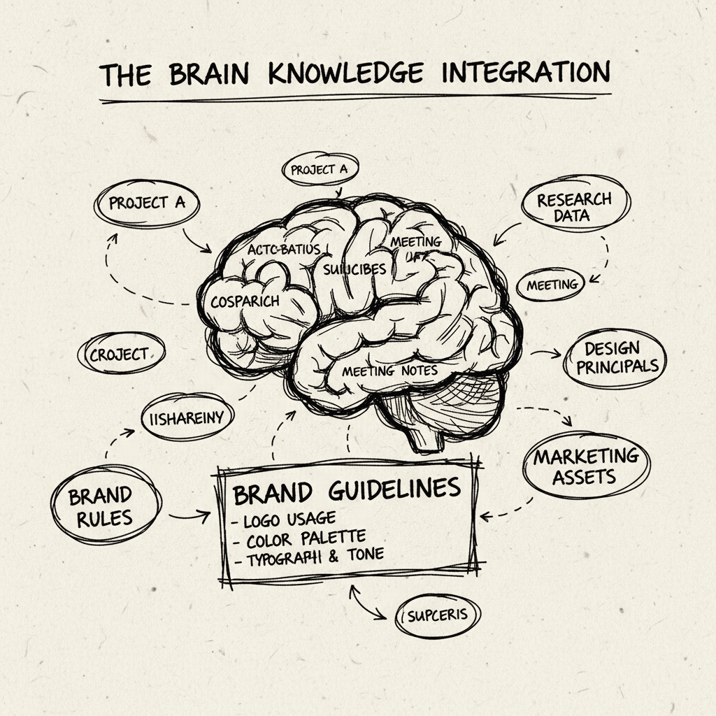 The Brain knowledge base integration showing brand guidelines