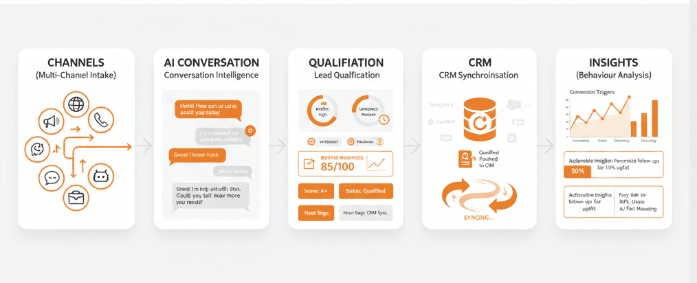 Interact workflow diagram showing Multi-Channel Intake, Conversation Intelligence, Lead Qualification, CRM Synchronisation, and Behaviour Analysis